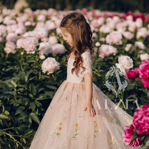 Sage Green Embroidered Flower Girl Dress