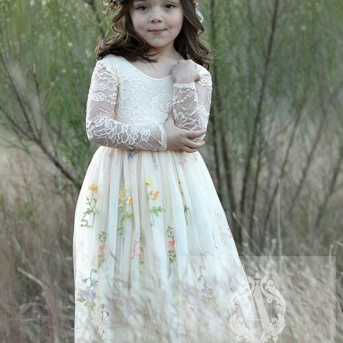Long-Sleeve Floral Embroidered Tulle Flower Girl Dress