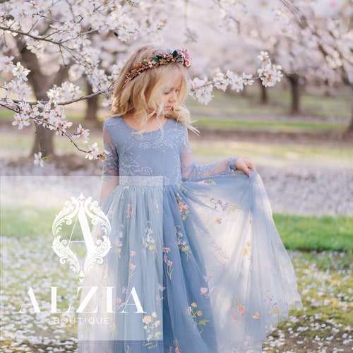 Long-Sleeve Floral Embroidered Tulle Flower Girl Dress