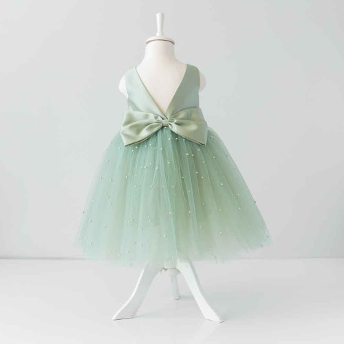 Sage Green Pearl Tulle Flower Girl Dress