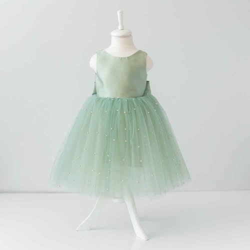 Sage Green Pearl Tulle Flower Girl Dress