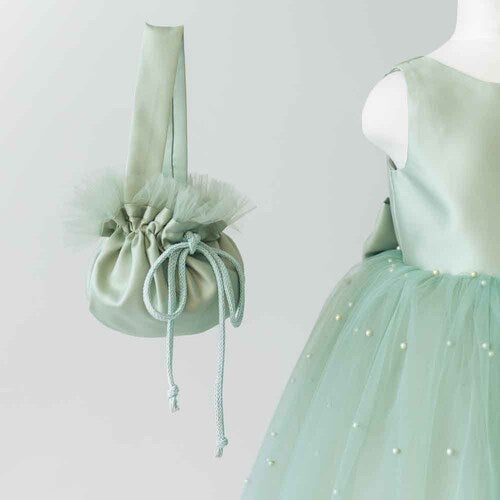 Sage Green Pearl Tulle Flower Girl Dress