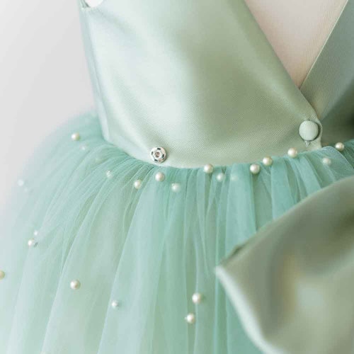 Sage Green Pearl Tulle Flower Girl Dress