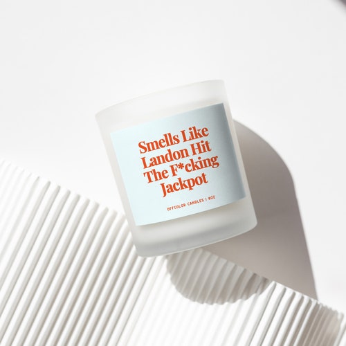 Personalized Engagement Candle – "Smells Like Landon Hit the Jackpot" Funny Custom Gift for Weddings, Bachelorette Parties, and More