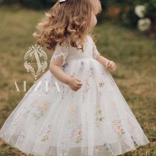 Sage Green Embroidered Flower Girl Dress