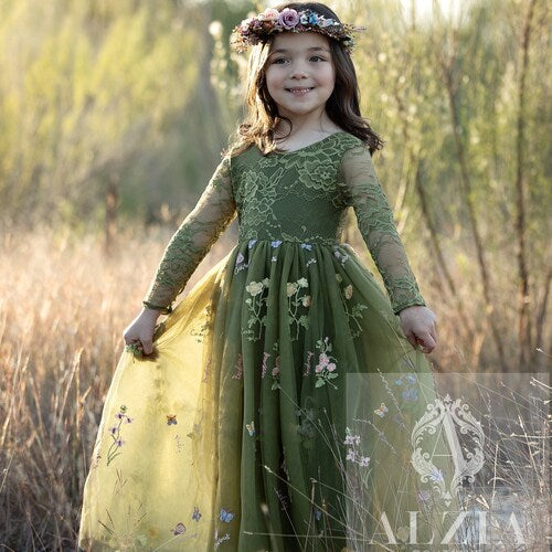 Long-Sleeve Floral Embroidered Tulle Flower Girl Dress