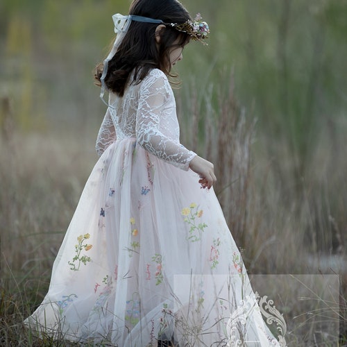 Long-Sleeve Floral Embroidered Tulle Flower Girl Dress