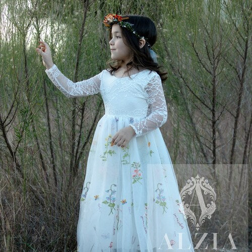 Long-Sleeve Floral Embroidered Tulle Flower Girl Dress