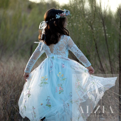 Long-Sleeve Floral Embroidered Tulle Flower Girl Dress