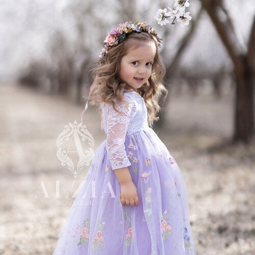 Long-Sleeve Floral Embroidered Tulle Flower Girl Dress