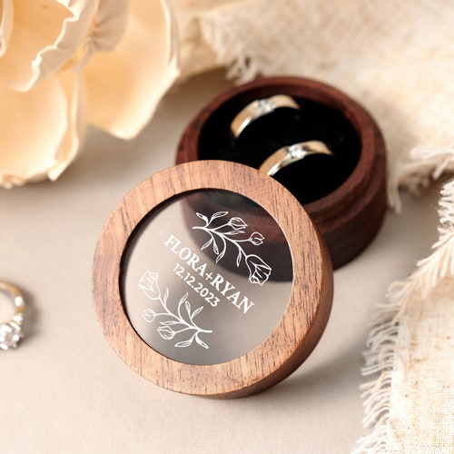 Personalized Wooden Wedding Ring Box – Custom Engraved Engagement Proposal Holder with Acrylic Cover