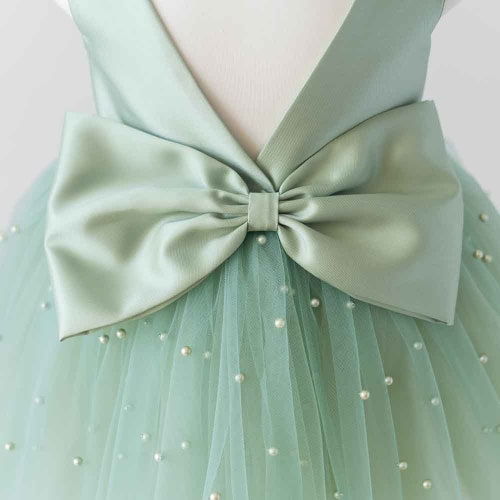 Sage Green Pearl Tulle Flower Girl Dress