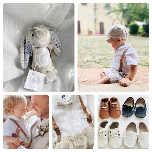 Boys White & Beige Linen Set with Suspenders, Bow Tie, and Optional Accessories