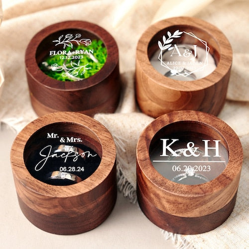 Personalized Wooden Wedding Ring Box – Custom Engraved Engagement Proposal Holder with Acrylic Cover