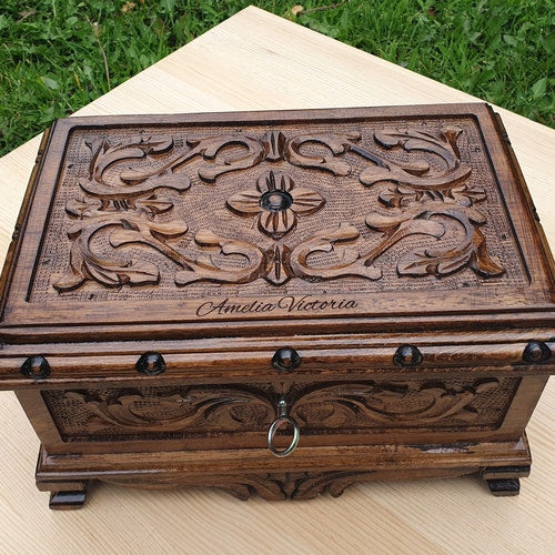 Hand-Carved Wooden Puzzle Box with Secret Lock and Key