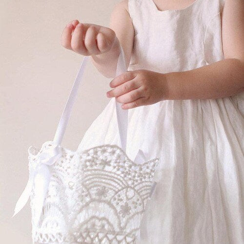 Lace Flower Girl Basket with Satin Ribbon Handle