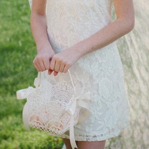 Lace Flower Girl Basket with Satin Ribbon Handle