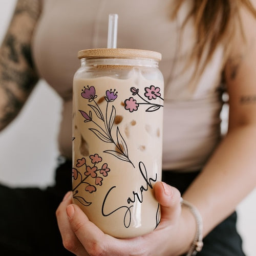 Personalized Iced Coffee Cup Floral Retro