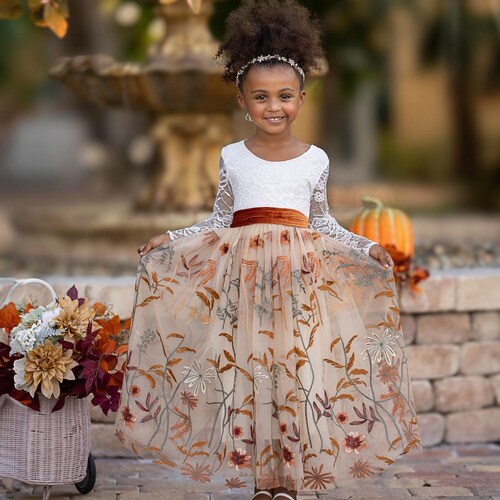 Champagne Floral Embroidered Tulle Flower Girl Dress with Long Sleeves
