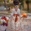 Champagne Floral Embroidered Tulle Flower Girl Dress with Long Sleeves