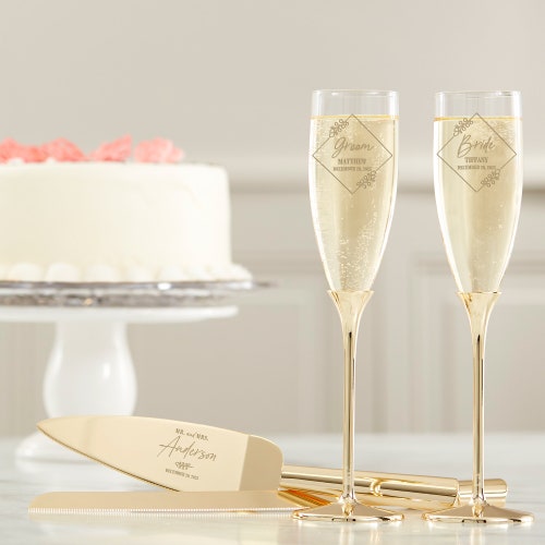 Modern Engraved Gold Cake Knife & Server or Flute Set