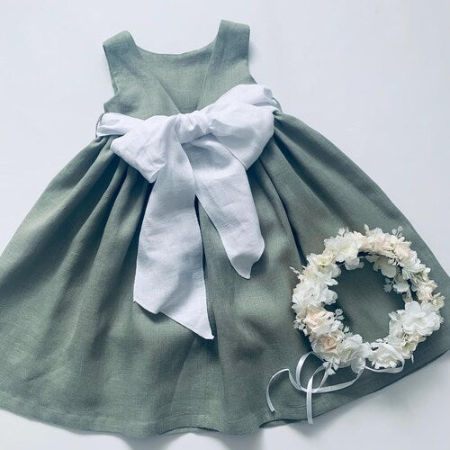 Boho Linen Flower Girl Dress – White Toddler Dress with Bow Back