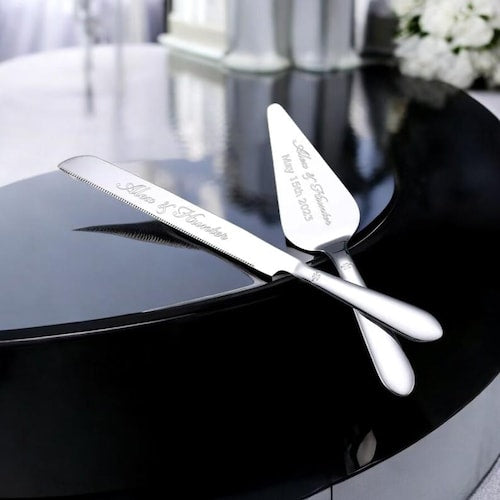Personalized Wedding Cake Cutting Set – Knife & Server in Gold, Silver, or Black