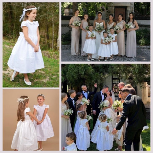 White Shantung Smocked Flower Girl Dress with Petticoat and Headpiece