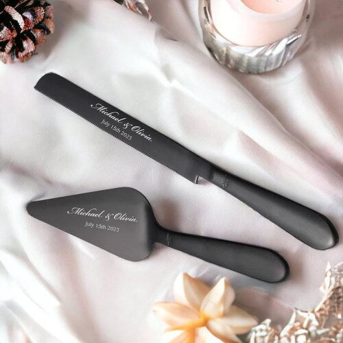 Personalized Wedding Cake Cutting Set – Knife & Server in Gold, Silver, or Black