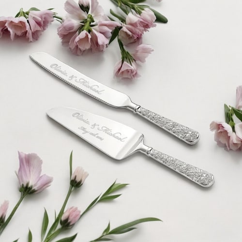 Personalized Gold & Silver Wedding Cake Cutting Set with Engraving