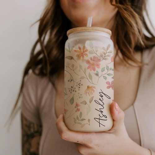 Personalized Iced Coffee Cup Floral Retro